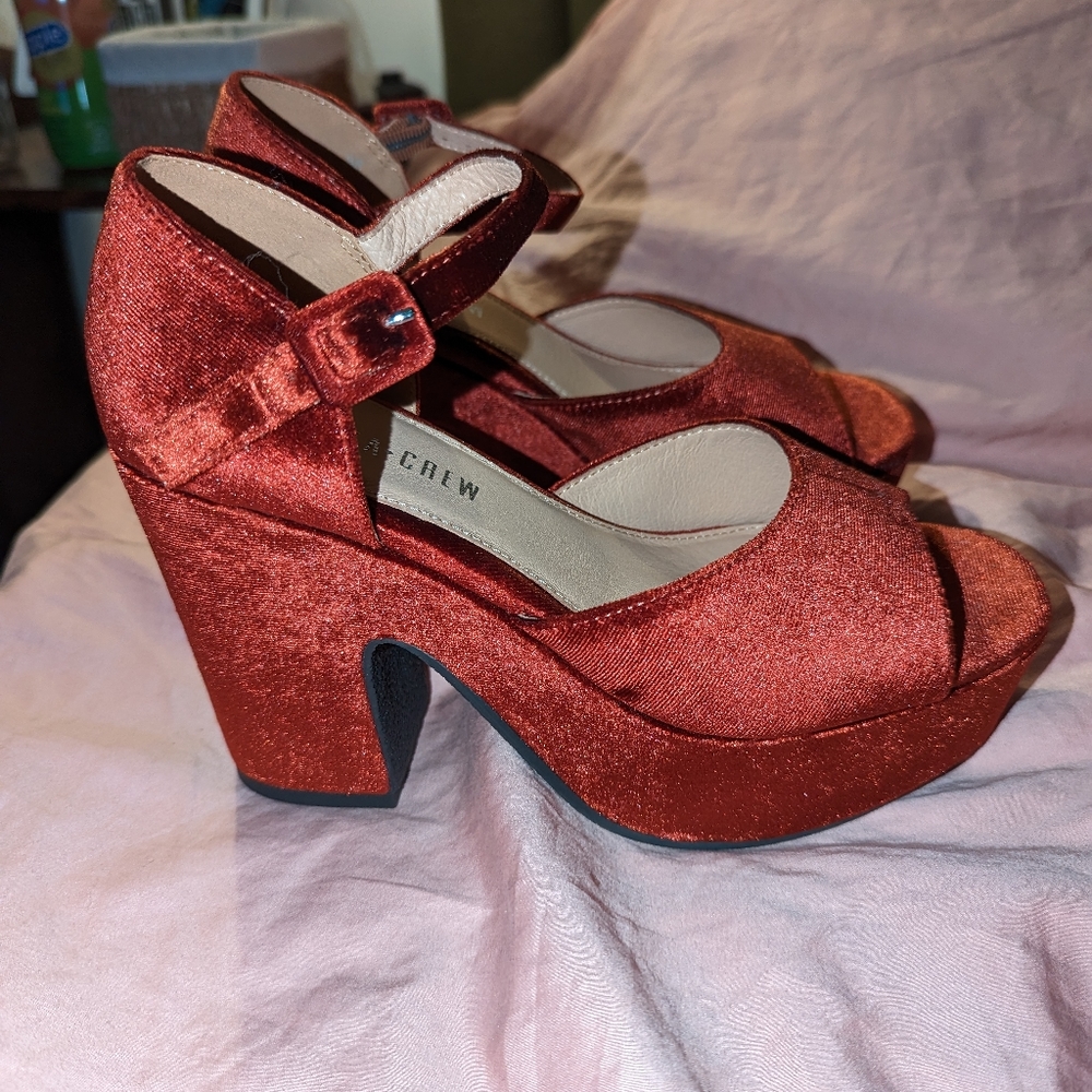 NWOT Unique Vintage Chelsea Crew Rust Velvet Peep Toe Platform Heels